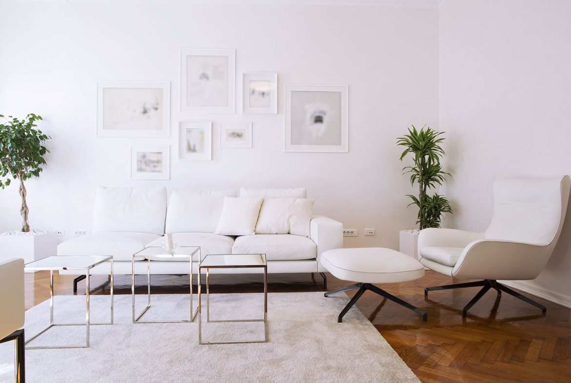 A living room with white furniture and a plant.